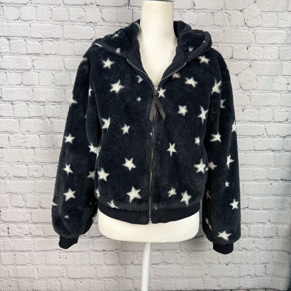 Z Supply London Star Bomber Jacket Faux Fur Hooded Zip Up Womens S Navy White - Picture 4 of 13